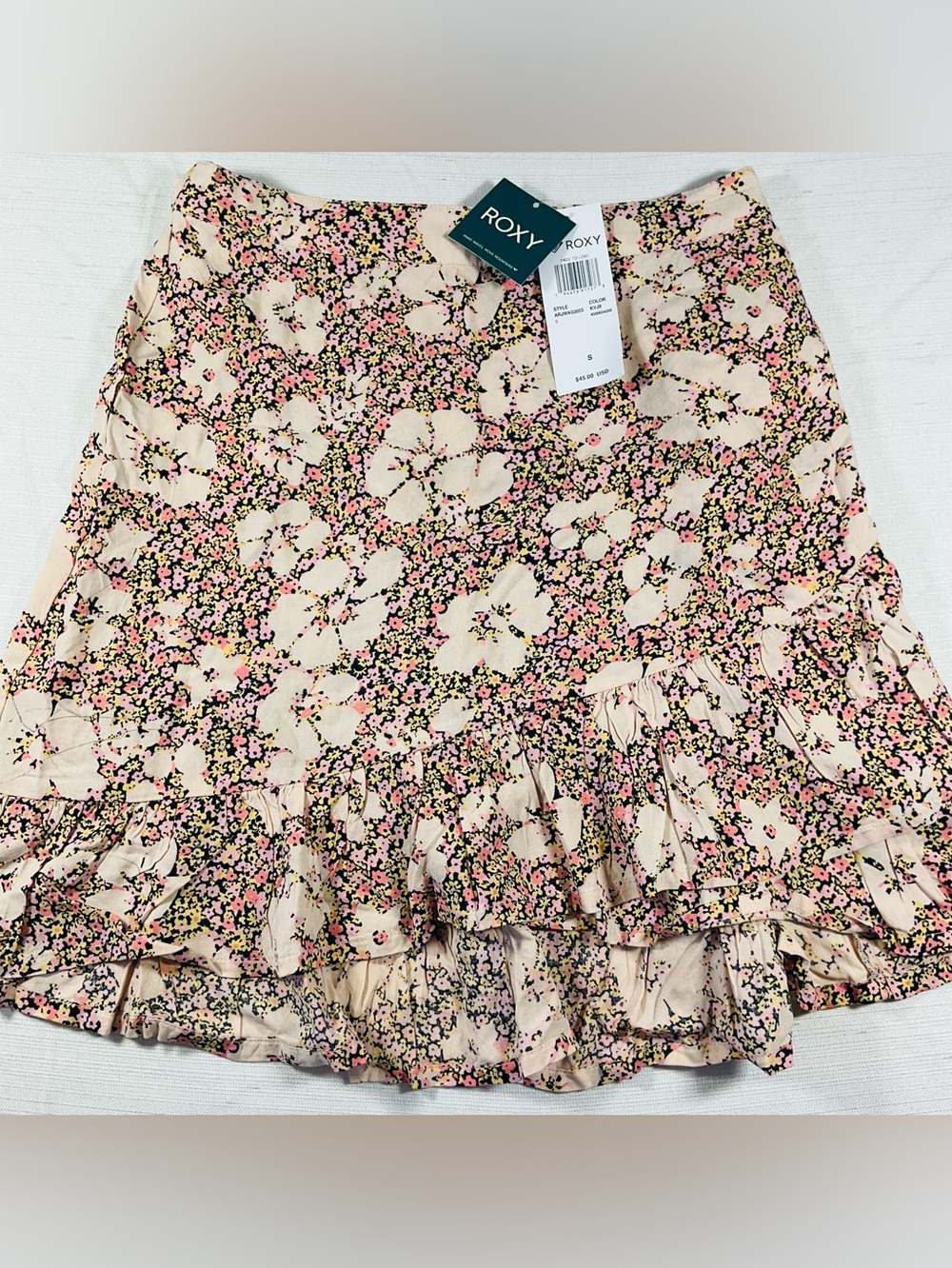 NWT ROXY Flowy Pink Yellow Black Floral High Low Ruffle Mini Skirt -Face To Love